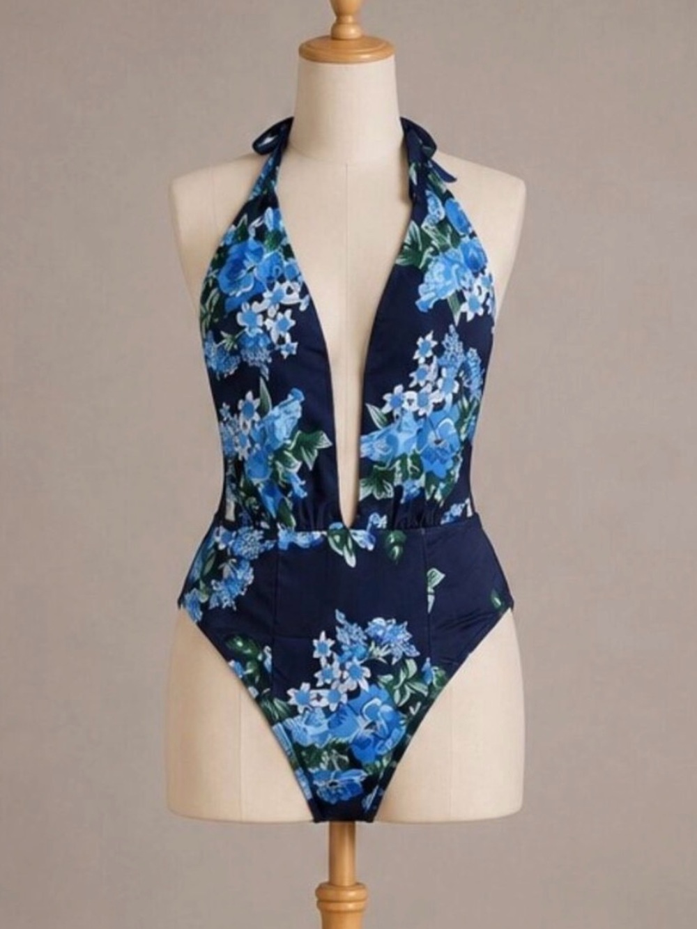 Plunge Halter One-Piece Swimsuit in Navy Blue Floral by Covoship Size Small.